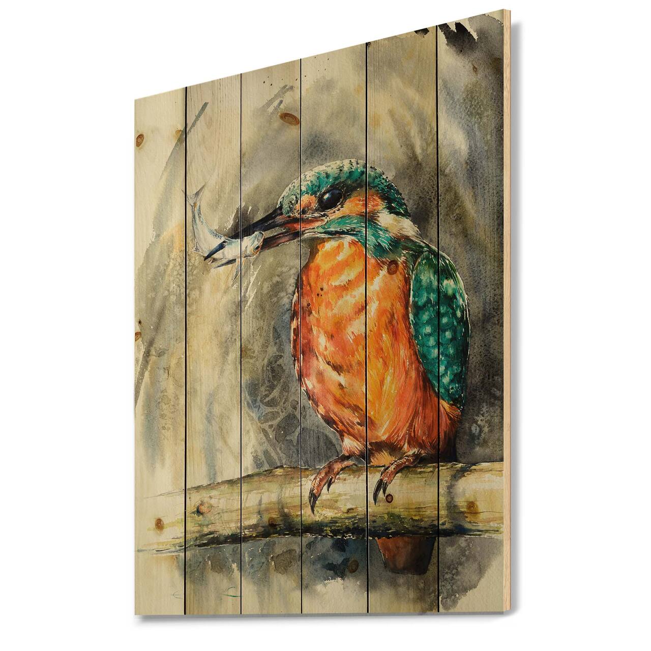 Designart - Common Kingfisher Eating A Small Fish - Traditional Print on Natural Pine Wood